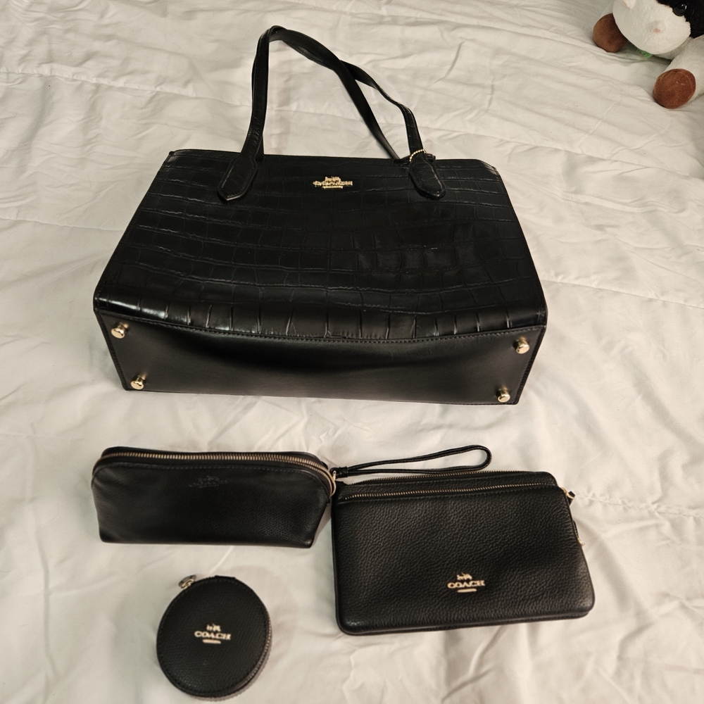 Coach Black Leather Tote and Accessories Set